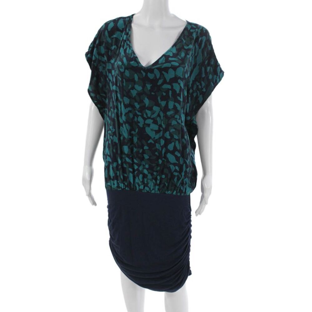 Akiko Womens Blouson Dress Blue Silk V-Neck Short Sleeve Knee Length Size M